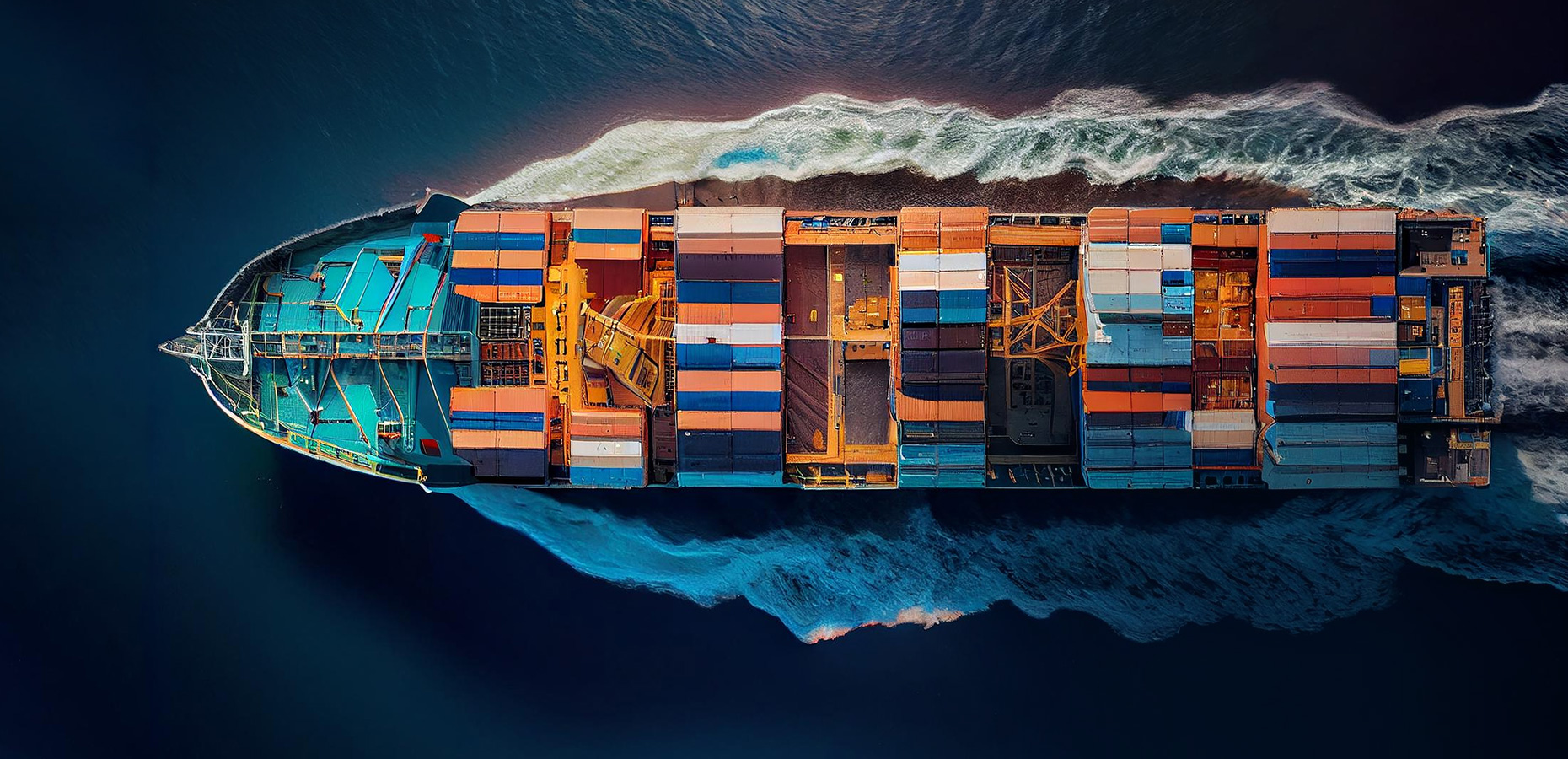 Aerial view of a fully loaded container ship crossing the ocean