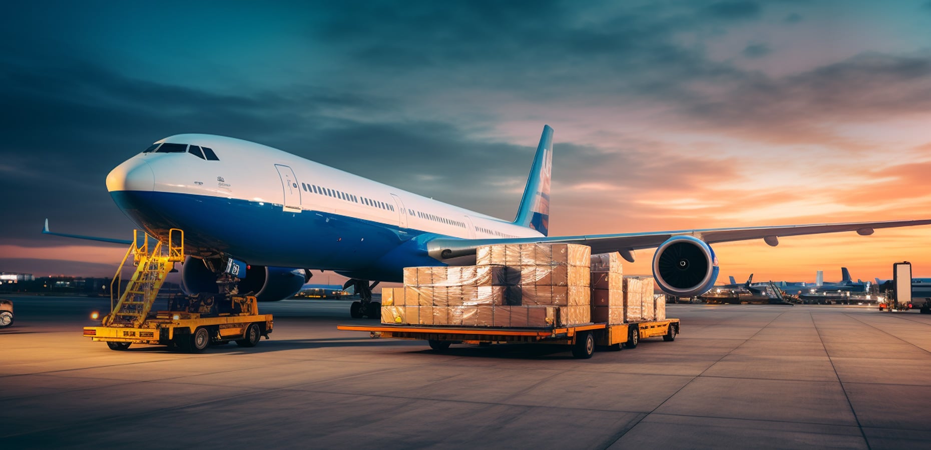 Cargo aircraft being loaded with palletised freight at sunset
